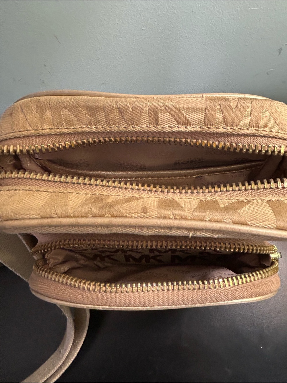 Michael Kors Beige/Tan MK Monogram Crossbody Bag - Picture 7 of 11